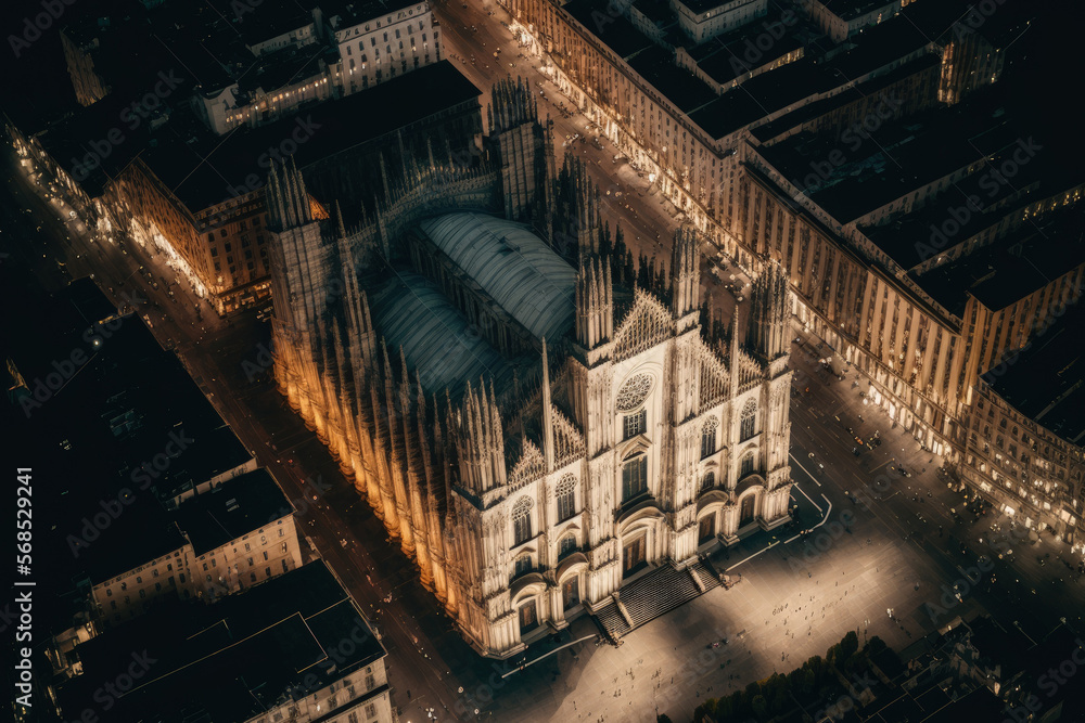 Naklejka premium Italy's Milan. March 10, 2022. Aerial image of the cathedral's plaza, or Piazza Duomo, in Milan. View of Milan, Italy, at night. Generative AI