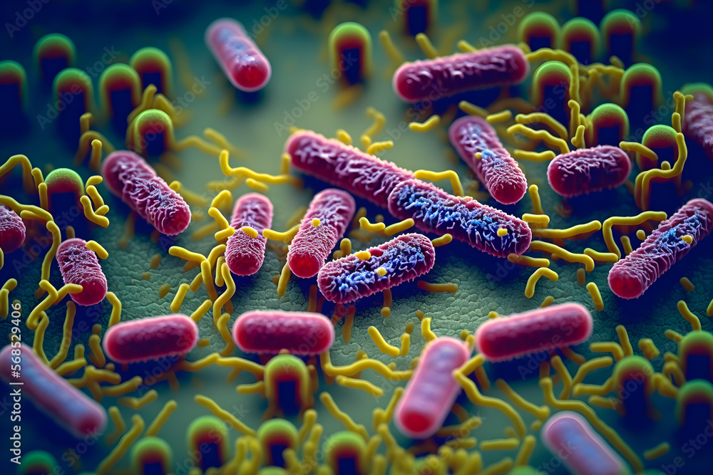 Many bacteria magnified by an electron microscope in the color visible