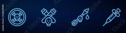 Set line Poison on the arrow, Bones and skull, Bottle with potion and Syringe. Glowing neon icon on brick wall. Vector