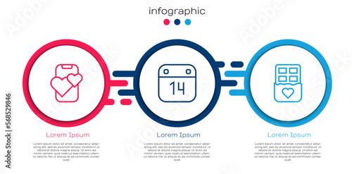 Set line Dating app online mobile, Calendar with February 14 and Chocolate bar. Business infographic template. Vector