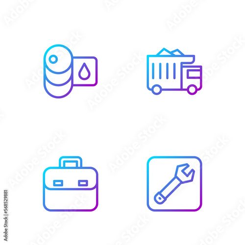Set line Wrench spanner, Briefcase, Barrel oil and Mining dump truck. Gradient color icons. Vector