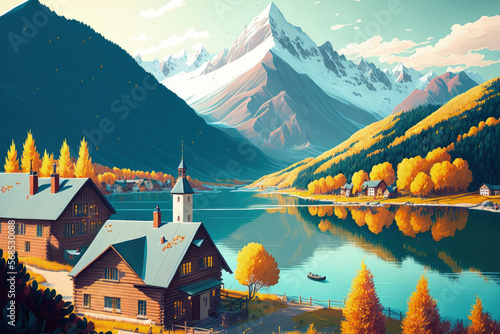 Amazing autumnal view of Surlej village and Silvaplana lake. Locations include Silvaplana, the Maloya neighborhood, the Engadine region, and the Grisons canton in Europe. Generative AI photo