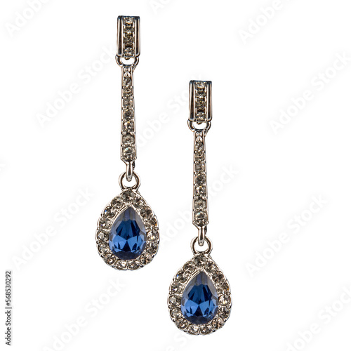 Silver earrings with blue crystals on a white background