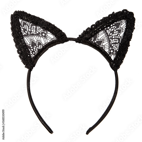 Headband of cat ears made of black lace on an isolated white background. Halloween costume