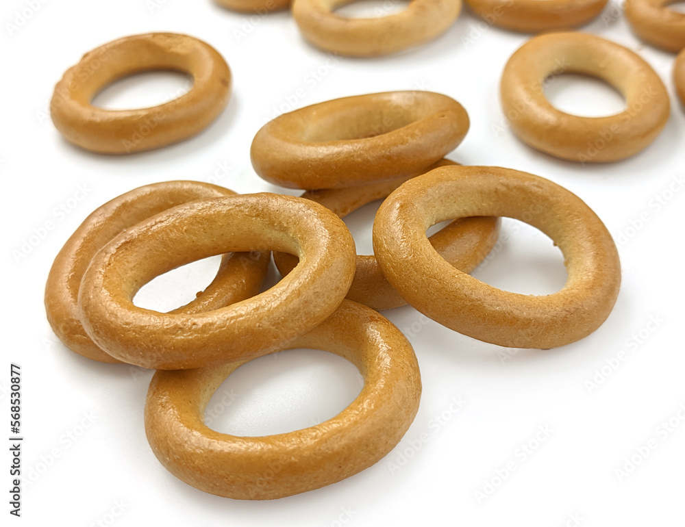 Small bagels, Sushki isolated on a white background close up. Small bagels, Sushki isolated on a white background close up.