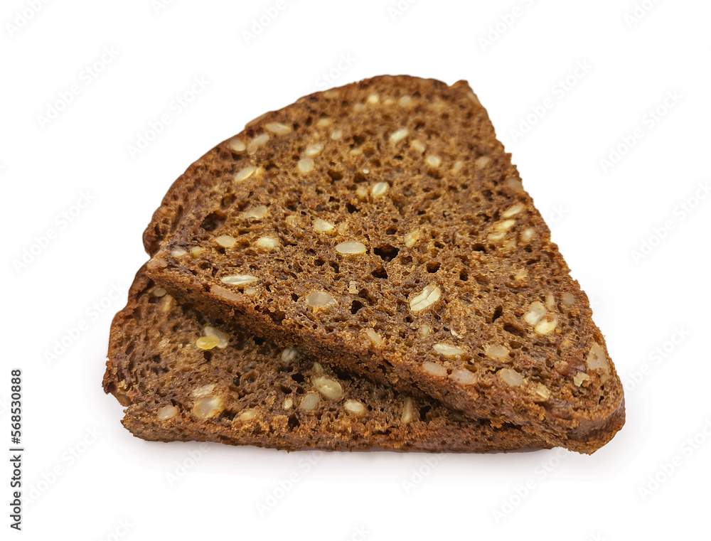 Two slices of dietary rye bread with sunflower seeds isolated on white background Two slices of dietary rye bread with sunflower seeds isolated on white background