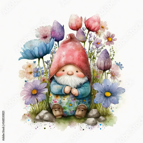 Watercolor easter gnome with spring flowers, Generative AI print design, Easter card