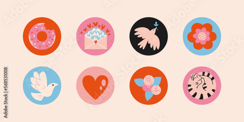Set of various Valentines vector highlight stories covers with cute romantic elements. Trendy modern design. Cartoon, sticker style. Hand drawn templates. Round icons for social media.