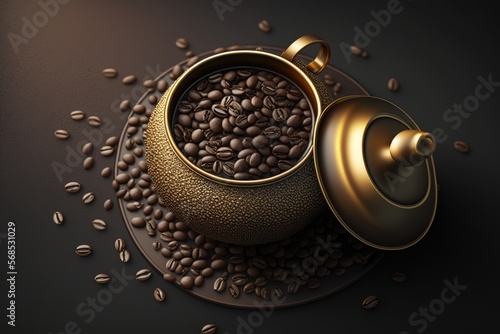 A close-up of a pot of freshly brewed coffee with coffee beans on a golden-black surface top view. Ideal for coffee lovers and caffeine addicts generative ai