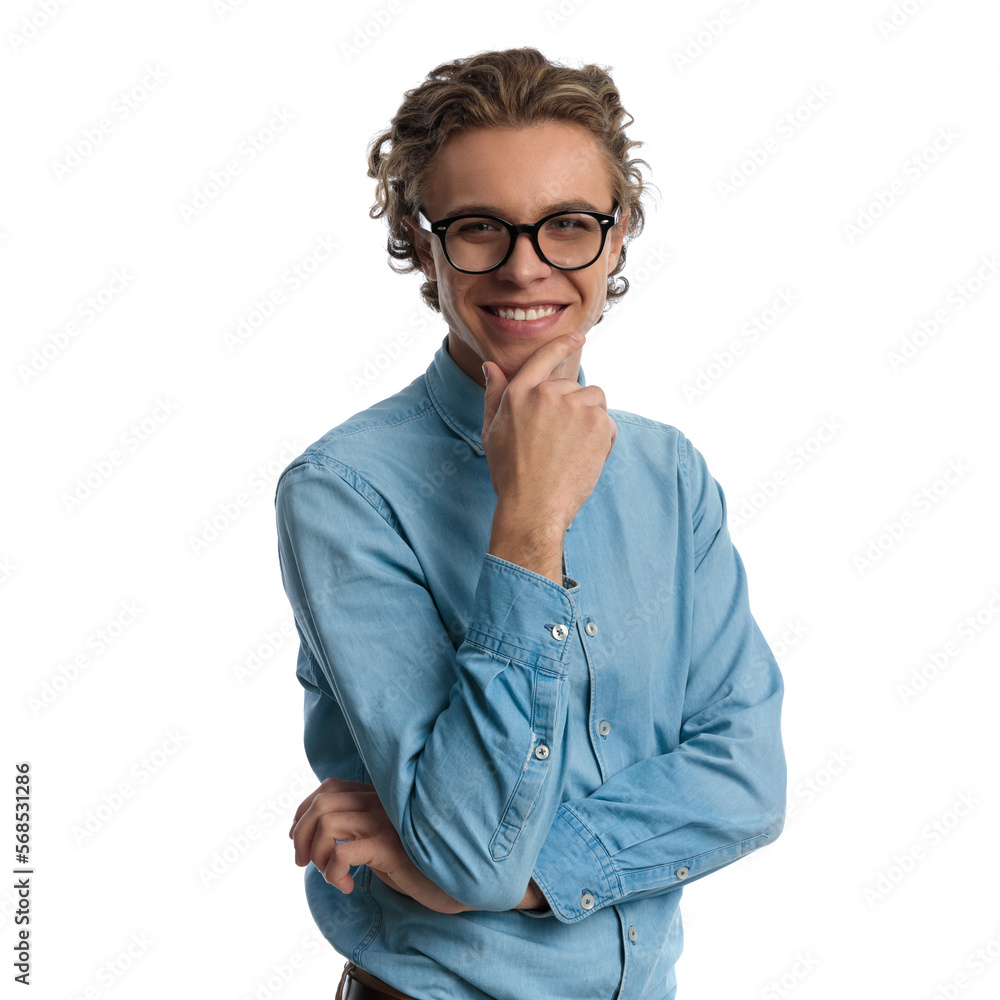 casual man scratchin his chin and feeling happy casual man scratchin his chin and feeling happy