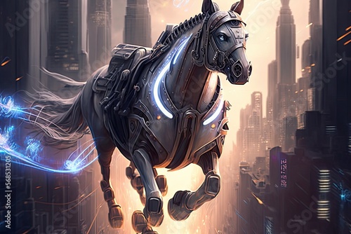 A cyborg horse with glowing eyes, running through the futuristic city, with flying cars and towering skyscrapers in the background generative ai