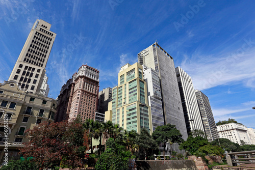 View of the buildings in Anhangabaú Valley with a blue sky in the background. Downtown of São Paulo city, Brazil