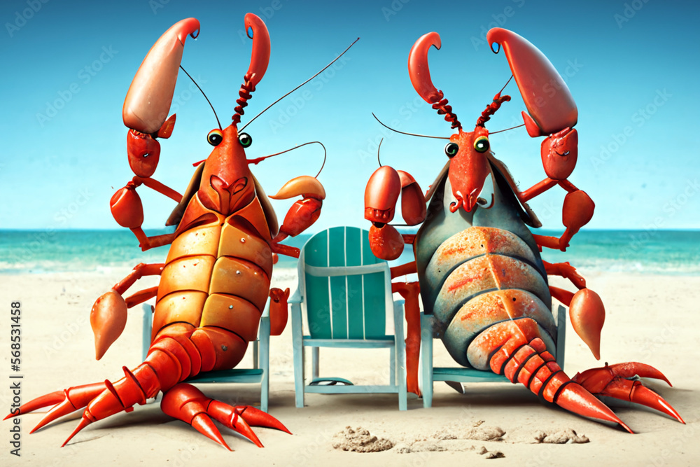 Lobster love. Lovely lobsters on the beach. An anthropomorphic lobsters