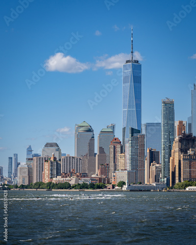 Photography Freedom tower and lower Manhattan panorama from a ferry on the Hudson river on a