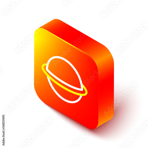 Isometric line Planet Saturn with planetary ring system icon isolated on white background. Orange square button. Vector