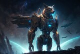 A cyborg wolf with glowing eyes, standing in front of a massive spaceship, ready for battle generative ai