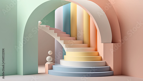 3d render illustration in modern geometric style arch and stairs with interior design gradient