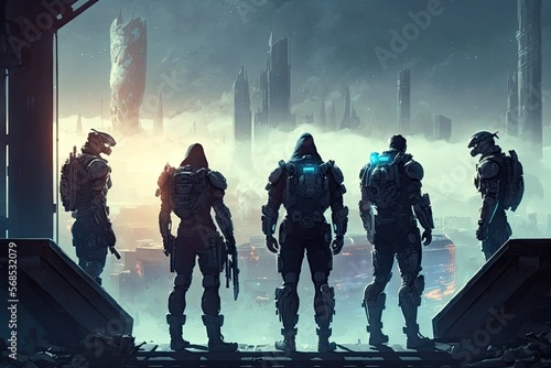A group of cyber-soldiers standing on a floating platform overlooking the vast city, ready for battle generative ai