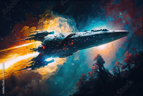 A space ship traveling through the galaxy  digital art style  illustration painting generative ai