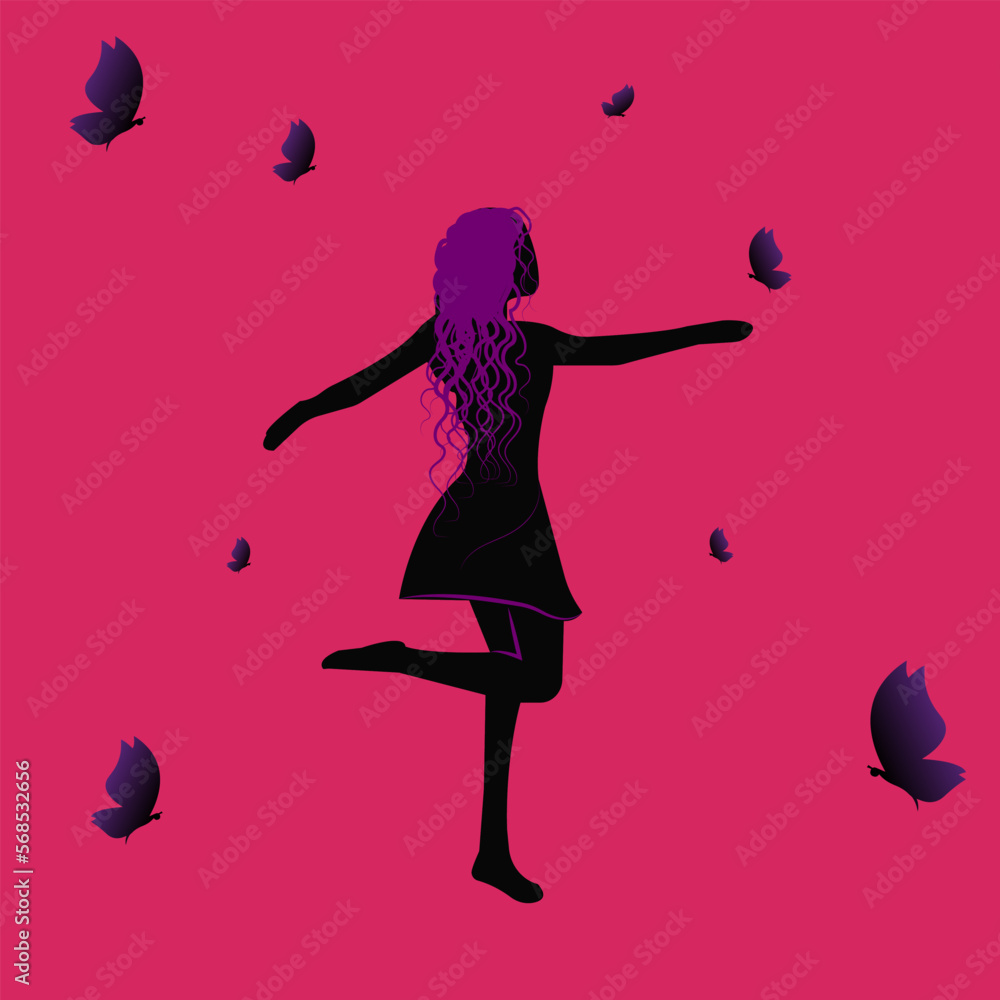 Vector illustration of a silhouette of a young beautiful girl dancing with butterflies
