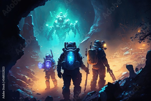 A team of space marines exploring a haunted alien planet, with strange creatures and eerie lights in the background generative ai