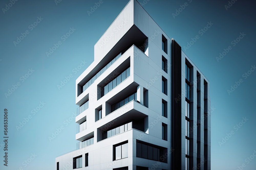 Elegant and modern apartment building with a minimalist design, set against a clear blue sky generative ai Elegant and modern apartment building with a minimalist design, set against a clear blue sky generative ai