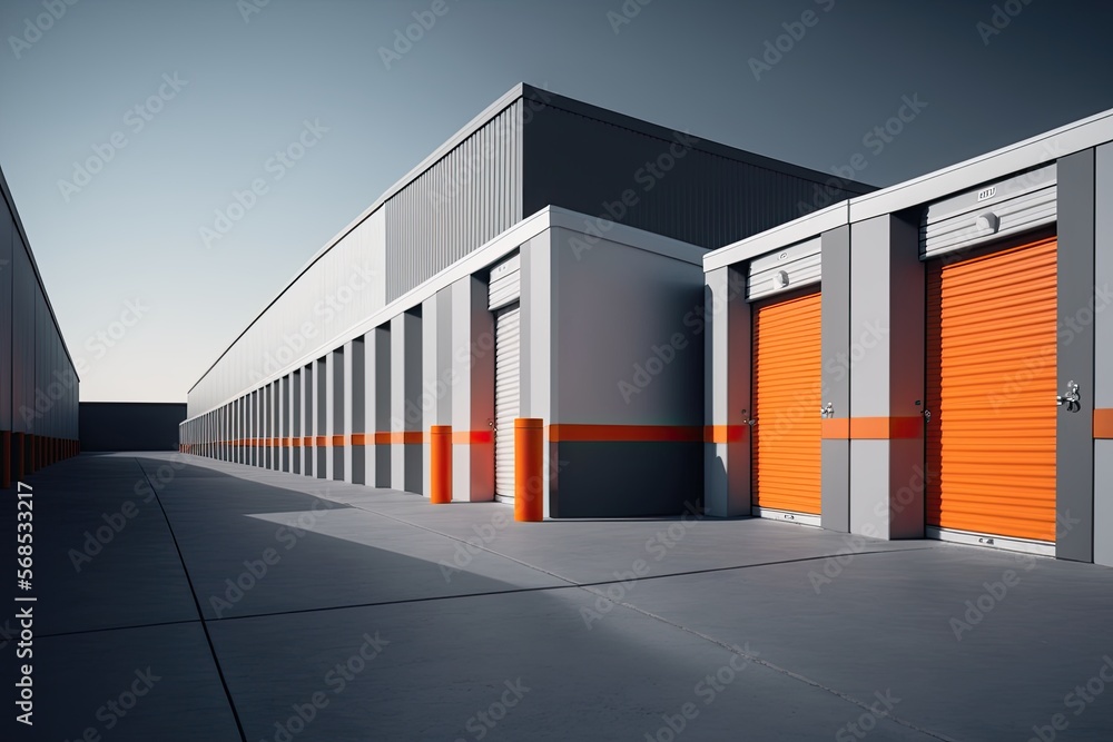 Sleek and organized self-storage facility, with rows of neatly stacked storage units surrounded by modern and functional buildings generative ai Sleek and organized self-storage facility, with rows of neatly stacked storage units surrounded by modern and functional buildings generative ai