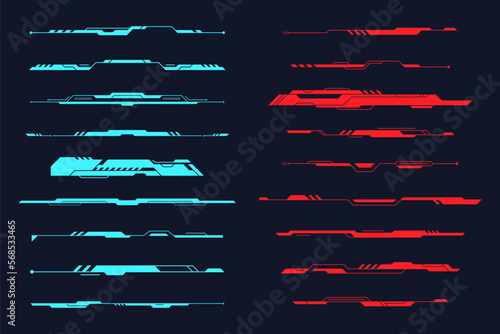 Hud dividers. Cyber technology bars, techno divider elements gui futuristic frame, neon virtual border for title text scifi game dashboard