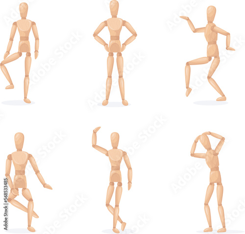 Wooden man poses. Wood dummy toy, group people statue human model for art artist drawing, puppet manikin figure in different pose, isolated doll sculpture, neat vector illustration