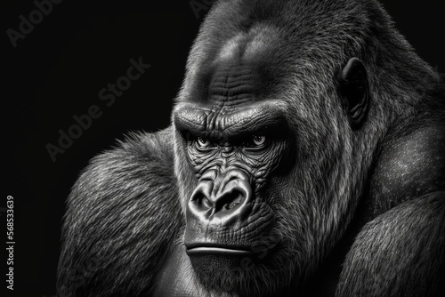 Portrait face powerful dominant male gorilla on black background, Beautiful Portrait of a Gorilla. severe silverback, anthropoid ape, stern face. isolated black background,Generative AI 