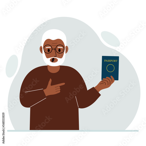 A man holds a passport in his hand for verification. The concept of user control.