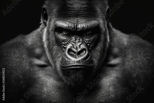 Photographie Portrait face powerful dominant male gorilla on black background, Beautiful Portrait of a Gorilla