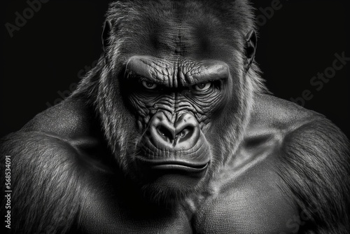 Portrait face powerful dominant male gorilla on black background, Beautiful Portrait of a Gorilla. severe silverback, anthropoid ape, stern face. isolated black background,Generative AI
