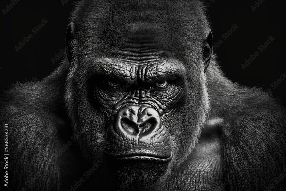 Portrait face powerful dominant male gorilla on black background, Beautiful Portrait of a Gorilla. severe silverback, anthropoid ape, stern face. isolated black background,Generative AI
 - obrazy, fototapety, plakaty 