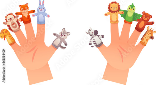 Finger puppets. Cartoon animal puppet on kid puppeteer hands, really hand animals toy for child tale theatre stage, play game zoo dolls fun bird bear fox lion vector illustration
