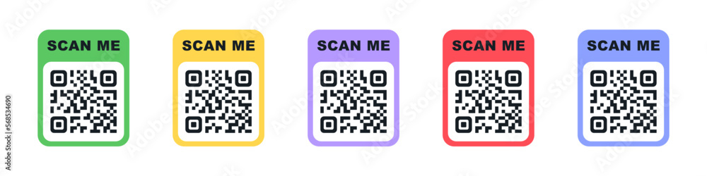 QR code scan for smartphone. Qr code frame vector set. Template scan me Qr code for smartphone. QR code for mobile app, payment and phone. Scan me phone tag. Vector illustration.