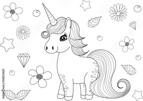 cartoon unicorn coloring book on white background, vector