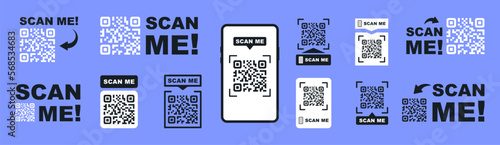 QR code scan for smartphone. Qr code frame vector set. Template scan me Qr code for smartphone. QR code for mobile app, payment and phone. Scan me phone tag. Vector illustration.