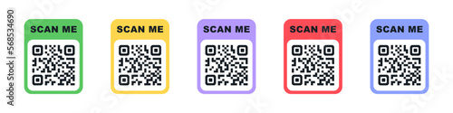 QR code scan for smartphone. Qr code frame vector set. Template scan me Qr code for smartphone. QR code for mobile app, payment and phone. Scan me phone tag. Vector illustration.