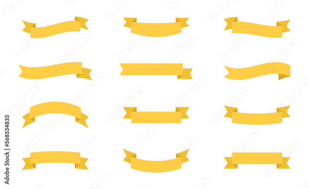 Set of yellow ribbons. Collection of modern simple ribbons. Colored banner for advertising and marketing promotion, curved linear promo decorations. Collection of pennants, labels and streamers.