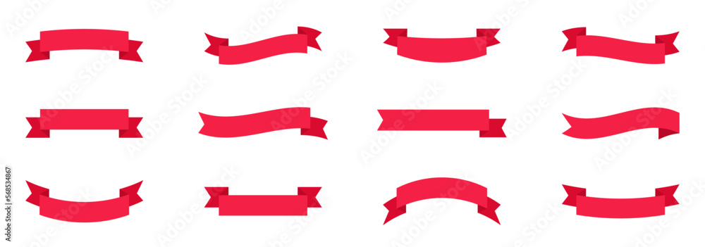 Set of red ribbons. Collection of modern simple ribbons. Colored banner for advertising and marketing promotion, curved linear promo decorations. Collection of pennants, labels and streamers.