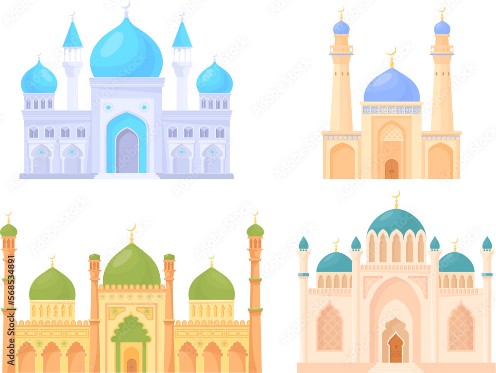 Cartoon mosque buildings. Islamic castle desert building, traditional arabian muslim temple for moslem praying ramadan, arabic minaret housing with dome, neat vector illustration