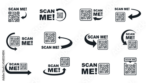 QR code scan for smartphone. Qr code frame vector set. Template scan me Qr code for smartphone. QR code for mobile app, payment and phone. Scan me phone tag. Vector illustration. photo
