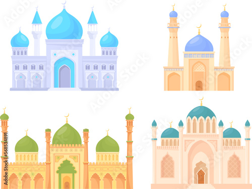 Cartoon mosque buildings. Islamic castle desert building, traditional arabian muslim temple for moslem praying ramadan, arabic minaret housing with dome, neat vector illustration