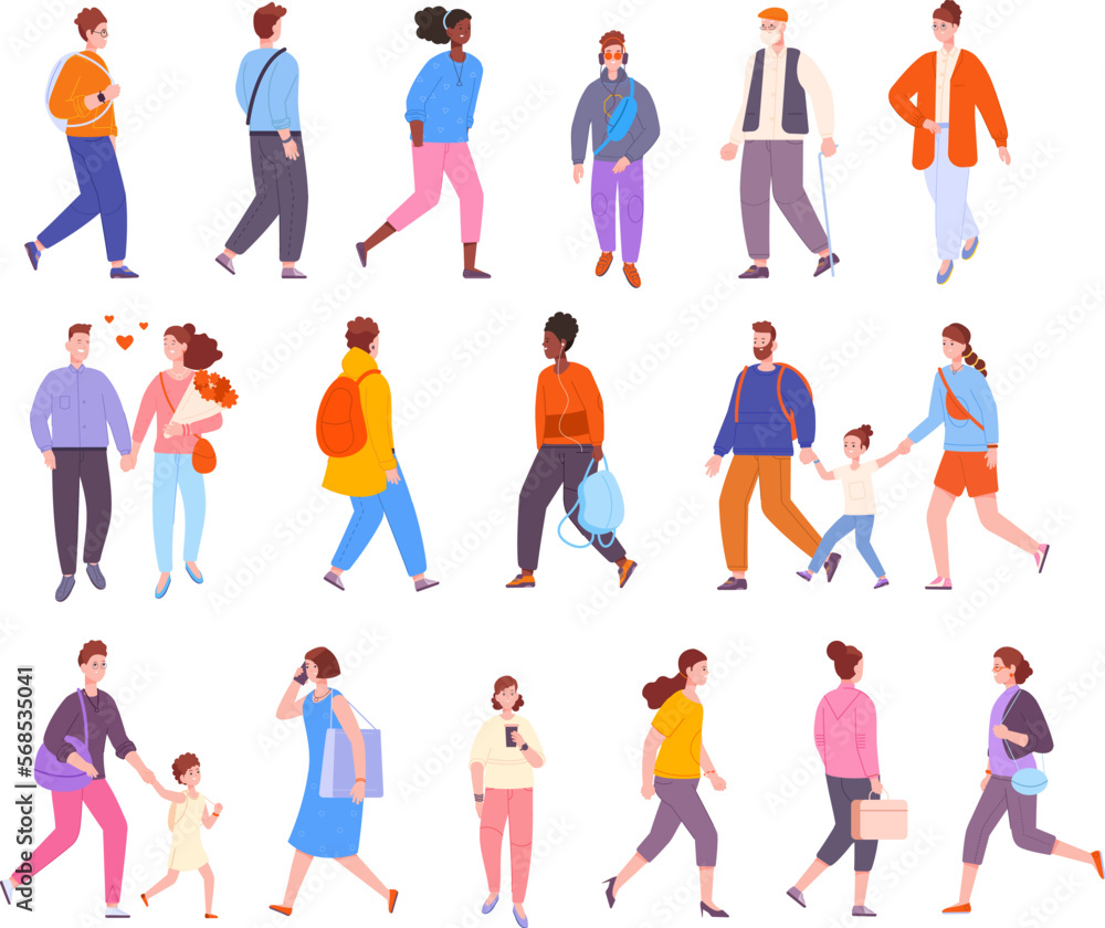 Crowd people outdoor walking. Walks adult or young persons in city, stylish guys girls family active child student walk to university, couple woman man splendid vector illustration