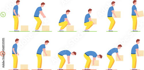 Proper lifting. Correctly and wrong heavy box lift technique, good loadman posture for moving or loading heaviness, safety body bending ergonomic pose, splendid vector illustration photo