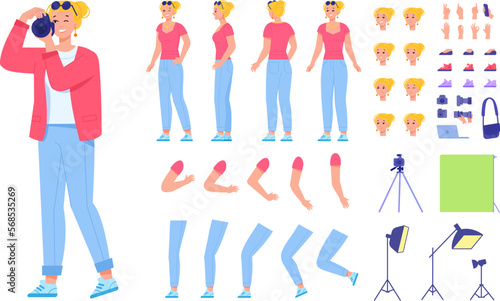 Photographer constructor. Woman cameraman with photo camera character kit, female journalist job animation, face and clothes generator, photograph diy swanky vector illustration