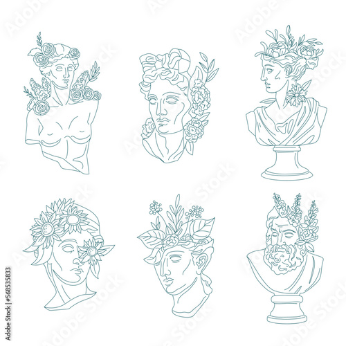 Floral sculptures. Female greek statue with flowers, woman sculpture and david or apollo head, ancient greece modern creative line art italy statues, ingenious vector illustration