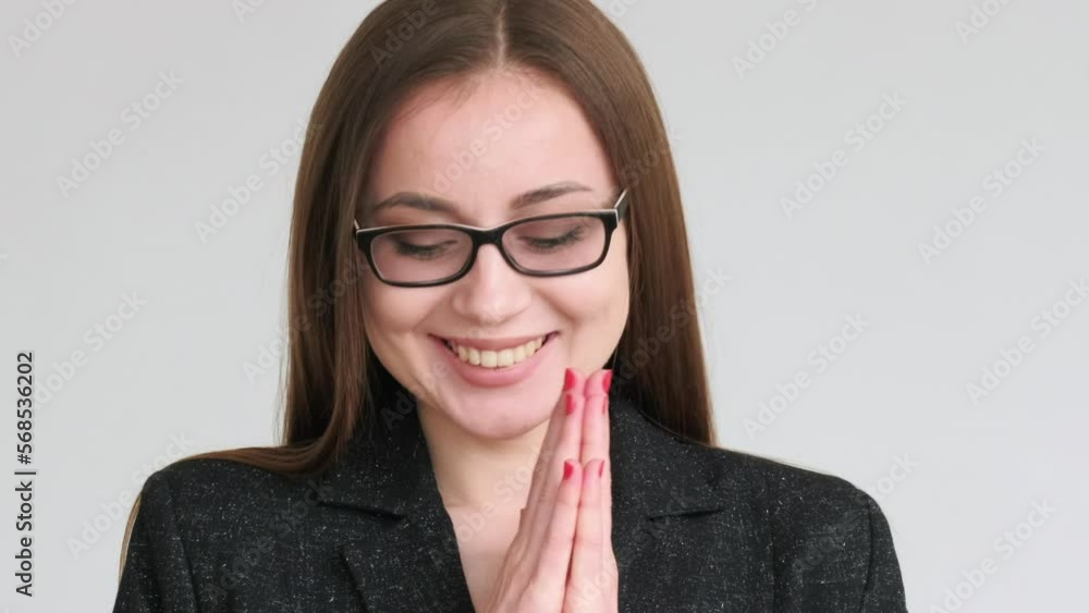 Job promotion. Professional success. Excited business woman clapping hands happy to get dream work position smiling isolated on light copy space background. Career growth. Job promotion. Professional success. Excited business woman clapping hands happy to get dream work position smiling isolated on light copy space background. Career growth.