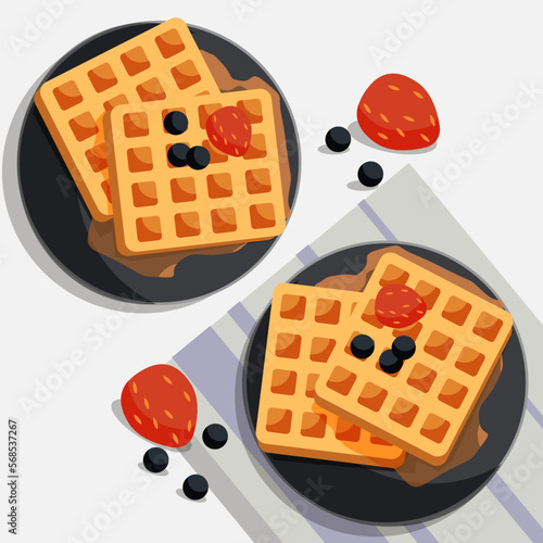 Good breakfast. Waffles with caramel and berris